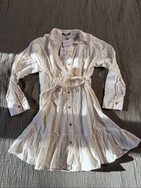 Zara Cream Long-Sleeve Button-Front Tie-Waist Dress
